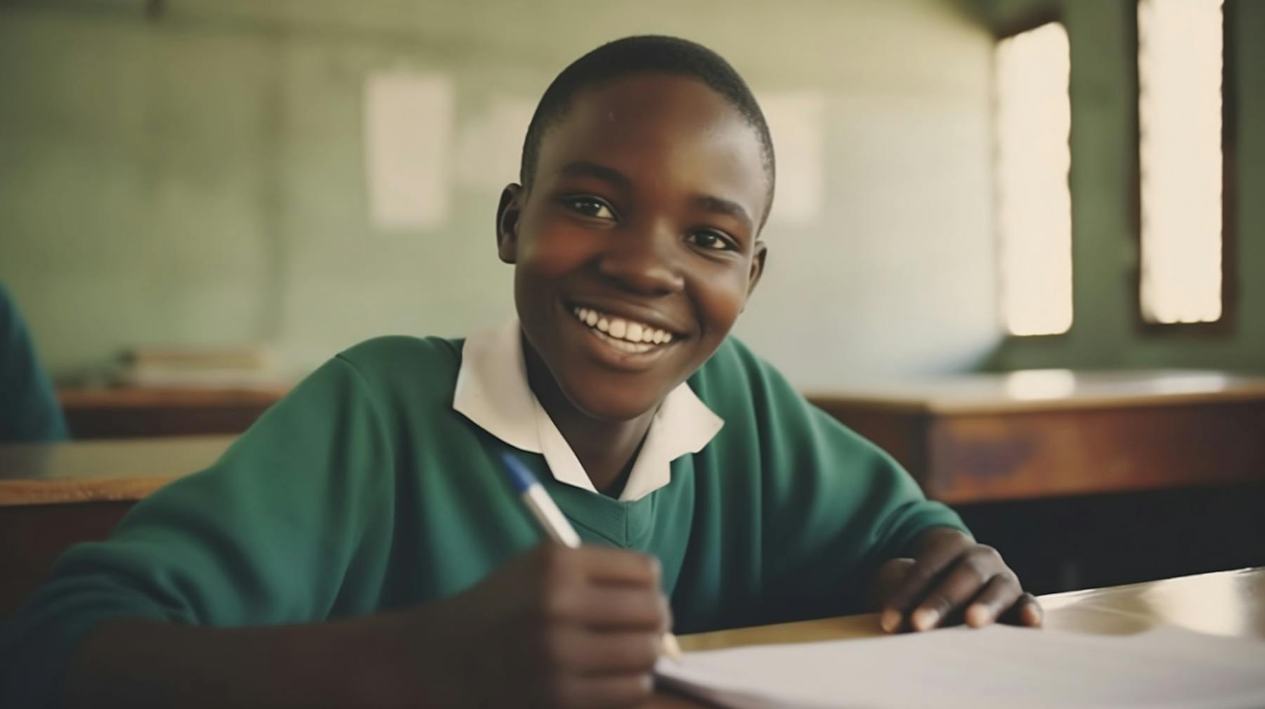 School student smiling at desk